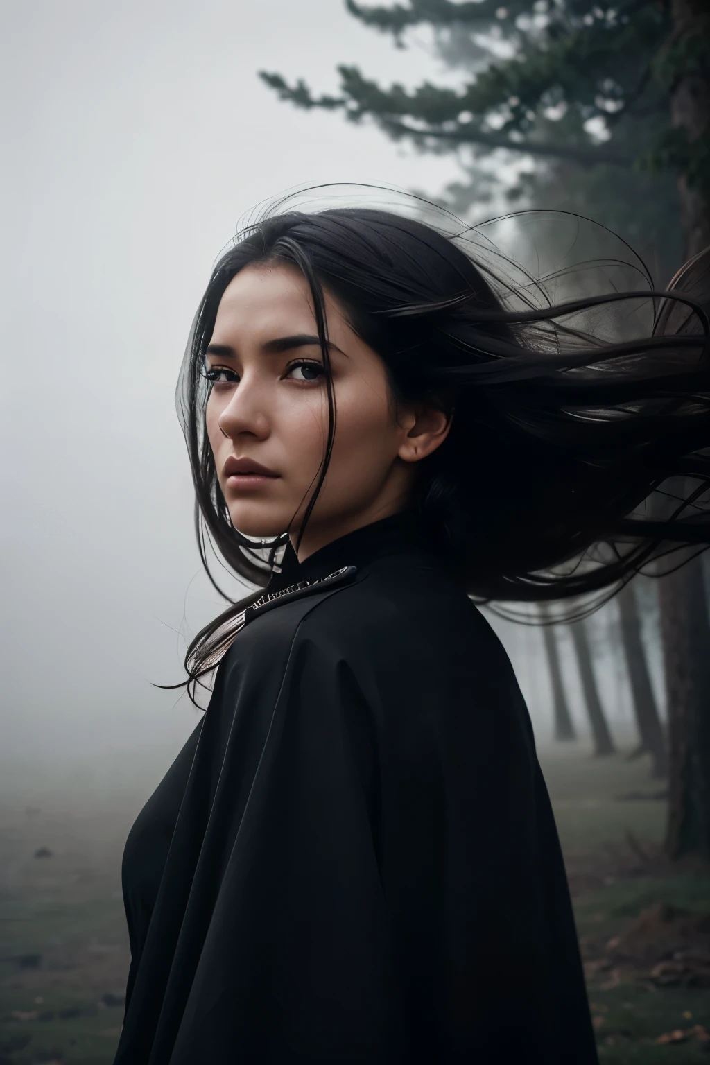 a black and white photo look From behind the thick fog appeared of a uzbek woman's face with strands of hair blowing in the wind covering her face by irakli nadar, open eyes, dynamic pose, floating hair, perfect object,  foggy weather, motion blur, tumblr, flora borsi, melancholic art, emotive portrait, wlop, 8k, artistic, surreal portrait photography, yuri shwedoff and tom bagshaw