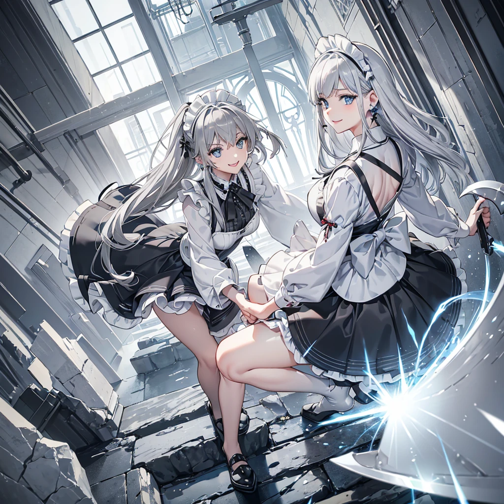 ((Grey Hair　blue eyes　woman　Earrings))　((Big Axe　bleed　smile　Maid clothes　mini skirt))　(Backlight　reflection　psychopath　Streaks of Light　Slashing)