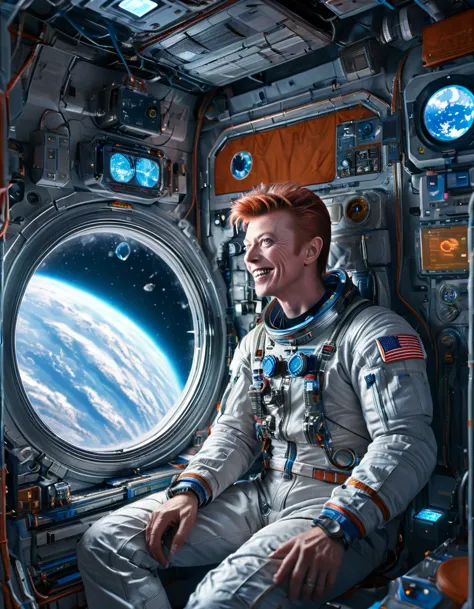 masterpiece digital art of 30 yo david bowie as major tom an astronaut inside a brand new cyberpunk space station (looking at bl...