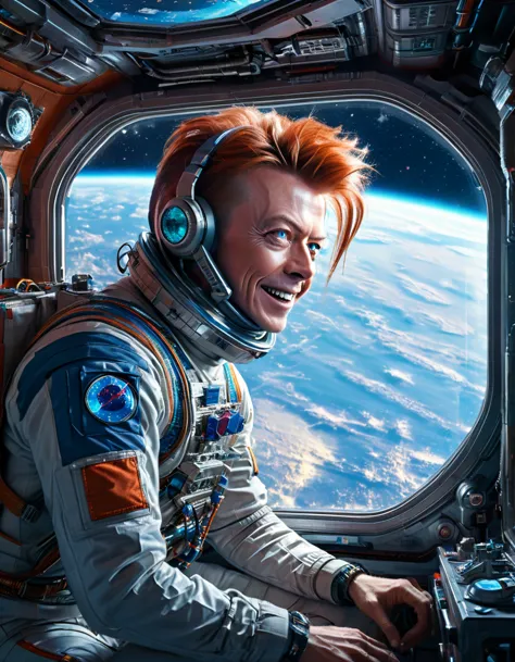 masterpiece digital art of 30 yo david bowie as major tom an astronaut inside a brand new cyberpunk space station (looking at bl...