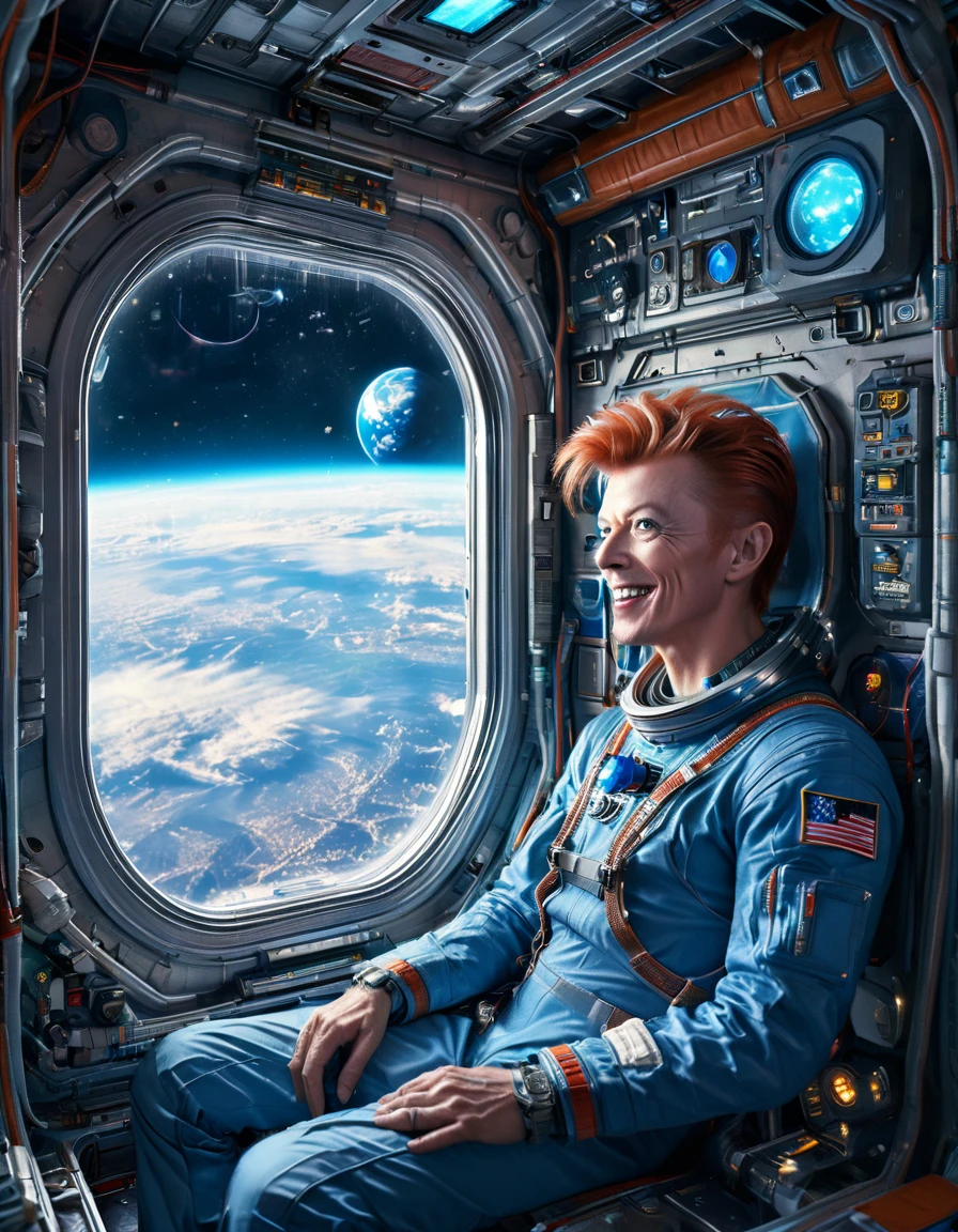 Masterpiece Digital art of 30 yo David Bowie as Major Tom an astronaut inside a brand new cyberpunk space station (looking at blue Earth:1.2), talking to his friend, happy face, smile on his face, light laughter, detailed face, detailed eyes, detailed exicted expression, (side view:1.2), insanely detailed and intricate, cinematic art by greg rutkowski, directional lighting from the space station window