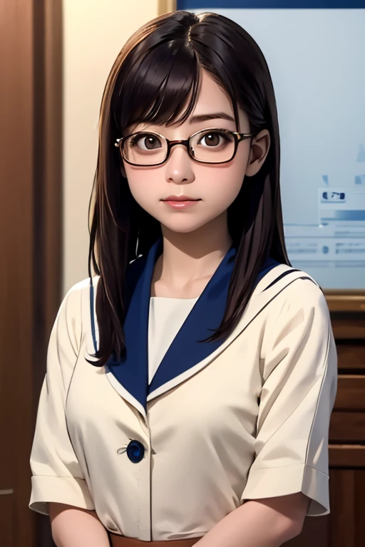 (masterpiece, highest quality), One Girl,  Satou, Satou, Glasses, 赤いフレームのGlasses, Navy blue sailor suit, Satou, Glasses, 赤いフレームのGlasses, Navy blue pleated skirt,