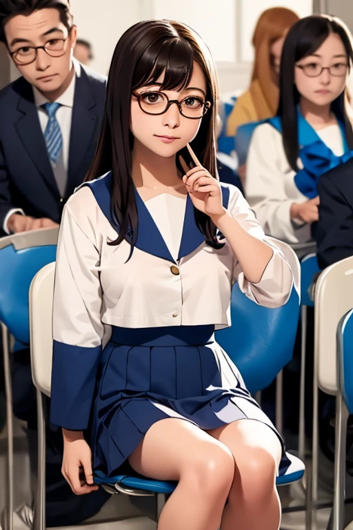 (masterpiece, highest quality), One Girl,  Satou, Satou, Glasses, 赤いフレームのGlasses, Navy blue sailor suit, Satou, Glasses, 赤いフレームのGlasses, Navy blue pleated skirt,