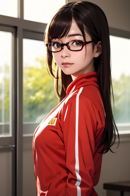 (masterpiece, highest quality), One girl,  Satou, Satou, Glasses, 赤いフレームのGlasses, Under-rim eyewear, Satou, Glasses, 赤いフレームのGlasses, Under-rim eyewear, Track jacket, Track pants