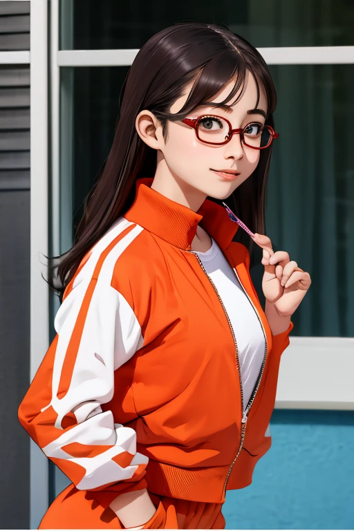 (masterpiece, highest quality), One girl,  Satou, Satou, Glasses, 赤いフレームのGlasses, Under-rim eyewear, Satou, Glasses, 赤いフレームのGlasses, Under-rim eyewear, Track jacket, Track pants