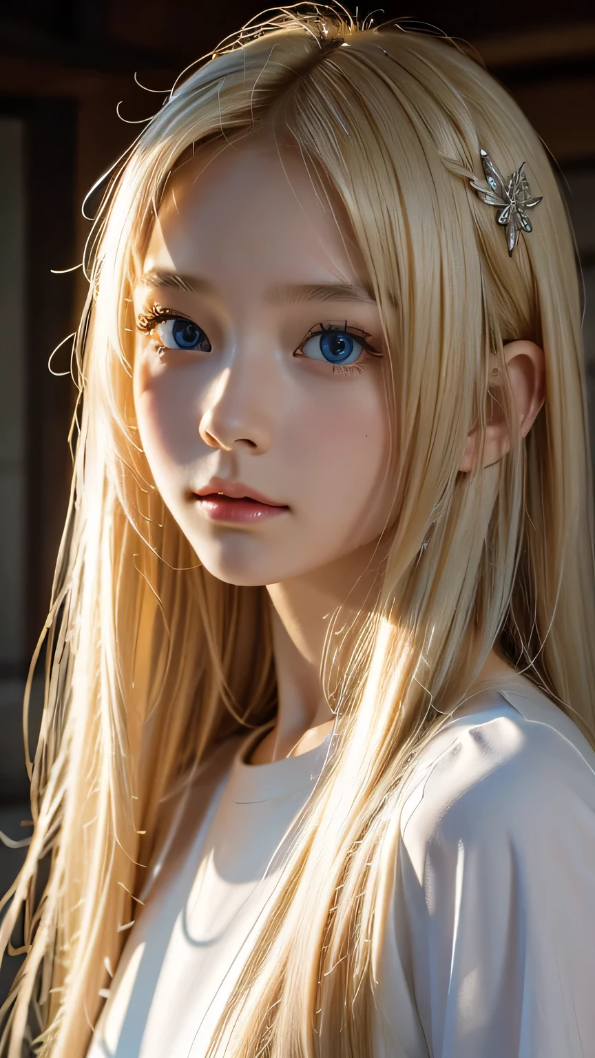 high quality, 最high quality, photo-Realistic, Raw photo, Realistic, ultra Realistic 8k cg, Ultra-detailed, High resolution, masterpiece, 1 Girl, Super long blonde hair, Super long natural platinum blonde hair, Super long straight silky hair、bangs over eyes、Very bright blue big eyes, Face and eye details, close, Intricate details, Fine texture, In detail,Small Face Girl、16-year-old Nordic beauty