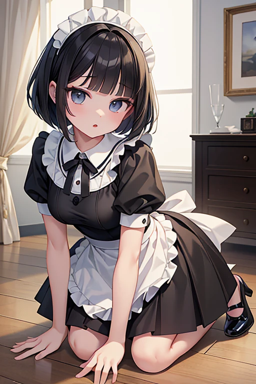 (masterpiece, highest quality, highest quality, Official Art, Cosmetology and aesthetics: 1.2), Bobcut, Black Hair,Short skirt maid outfit, Crossdresser,Cute, delicate and short, On all fours,I&#39;m cleaning,Turning her back,Composition with the back visible,Luxury House,corridor