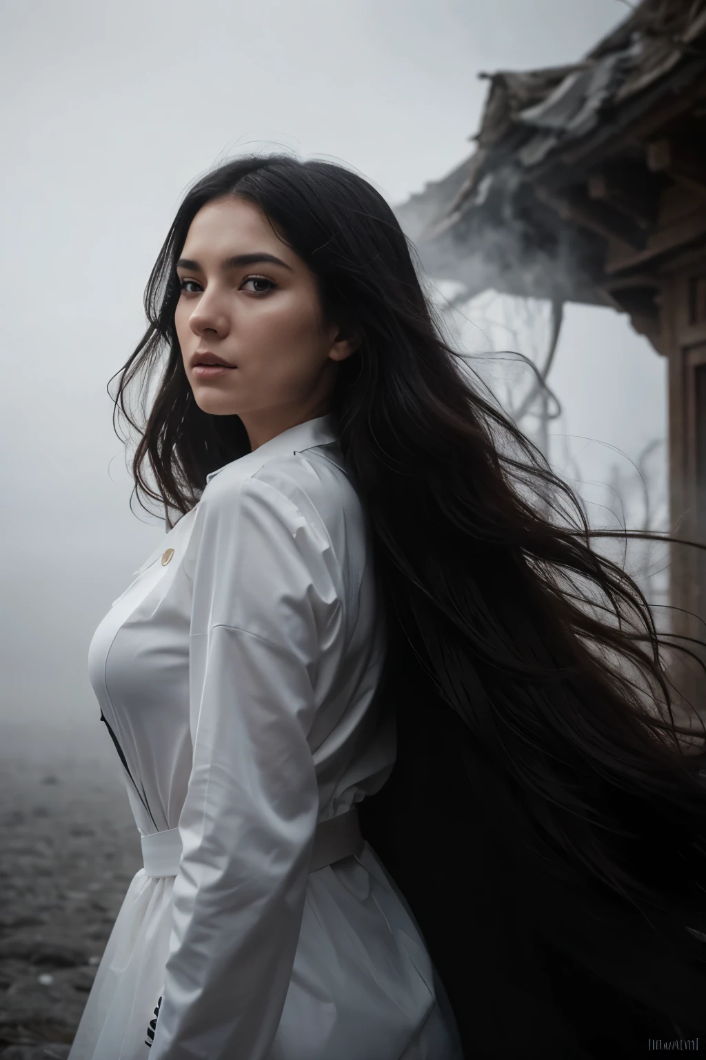 a black and white photo look From behind the thick fog appeared of a uzbek woman's face with strands of hair blowing in the wind covering her face by irakli nadar, open eyes, dynamic pose, floating hair, perfect object,  foggy weather, motion blur, tumblr, flora borsi, melancholic art, emotive portrait, wlop, 8k, artistic, surreal portrait photography, yuri shwedoff and tom bagshaw