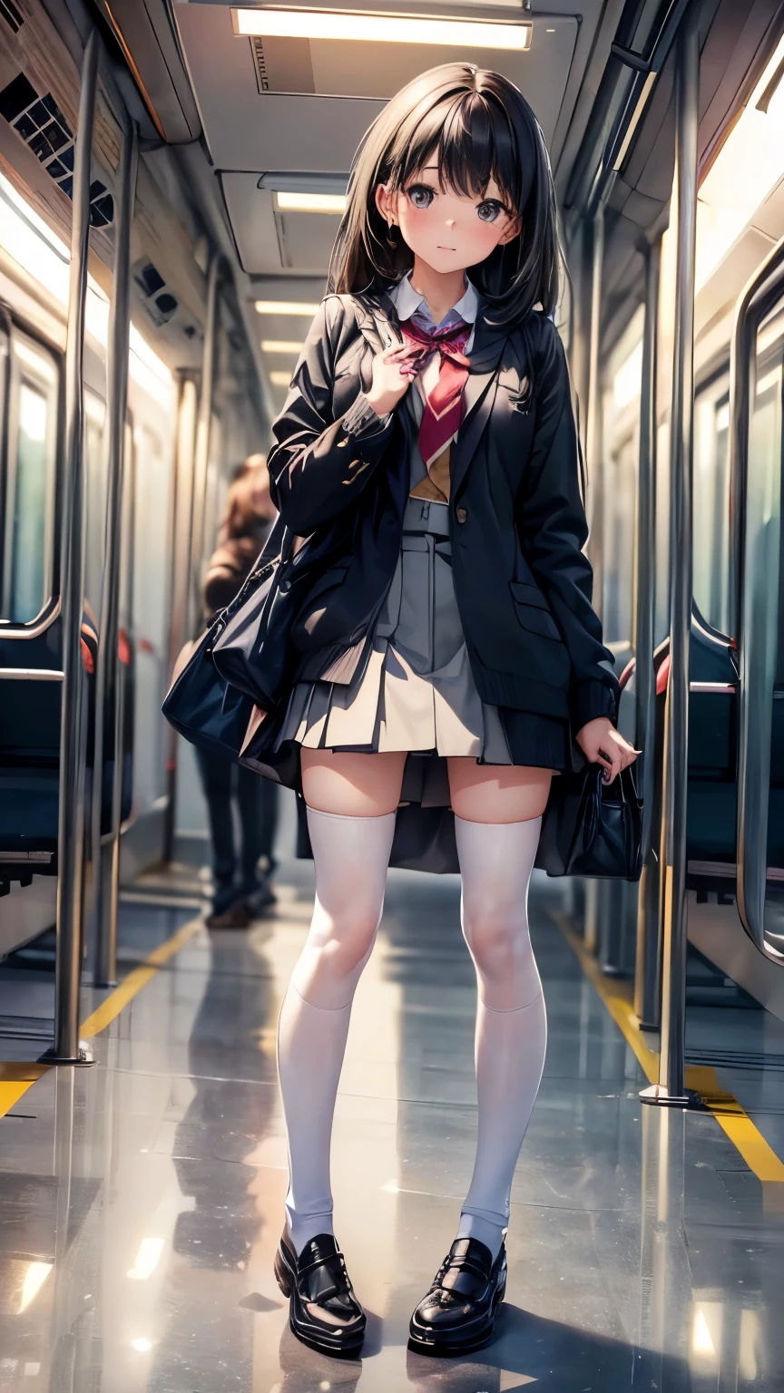 ((masterpiece, Highest_quality)), One girl, (Realistic:1.4),  alone, white_background, black_hair, length_hair,   zettai_ryouiki, Micro Mini Skirt, ((full_body)),In a crowded train、whiteいパンティ