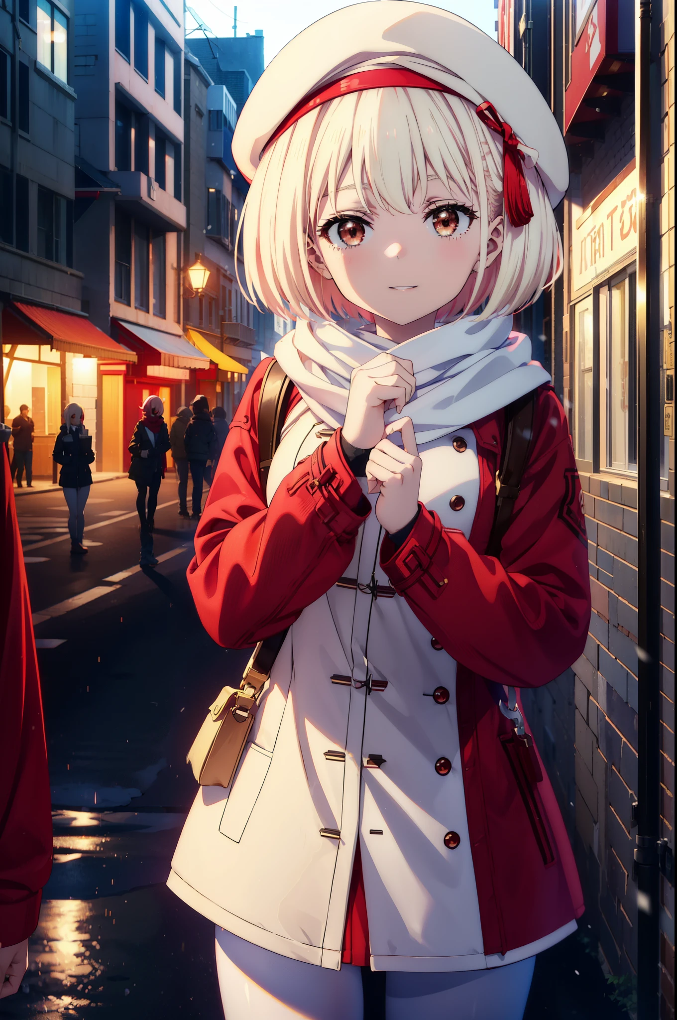 chisatonishikigi, nishikigi chisato,Short Hair , bangs, blonde,Bobcut (Red eyes:1.5),happy smile, smile, Open your mouth,Red oversized coat,White knit hat,White scarf,White Sweater,Shorts,White pantyhose,sneakers,Shirogane World,Snow is piling up,it&#39;s snowing,it&#39;s snowing,winter,Cold Sky,morning,morning陽,The sun is rising,
break looking at viewer, whole body, Upper Body,(Cowboy Shot:1. 5)
break outdoors, In town,Building district,
break (masterpiece:1.2), highest quality, High resolution, unity 8k wallpaper, (figure:0.8), (Beautiful fine details:1.6), Highly detailed face, Perfect lighting, Highly detailed CG, (Perfect hands, Perfect Anatomy),