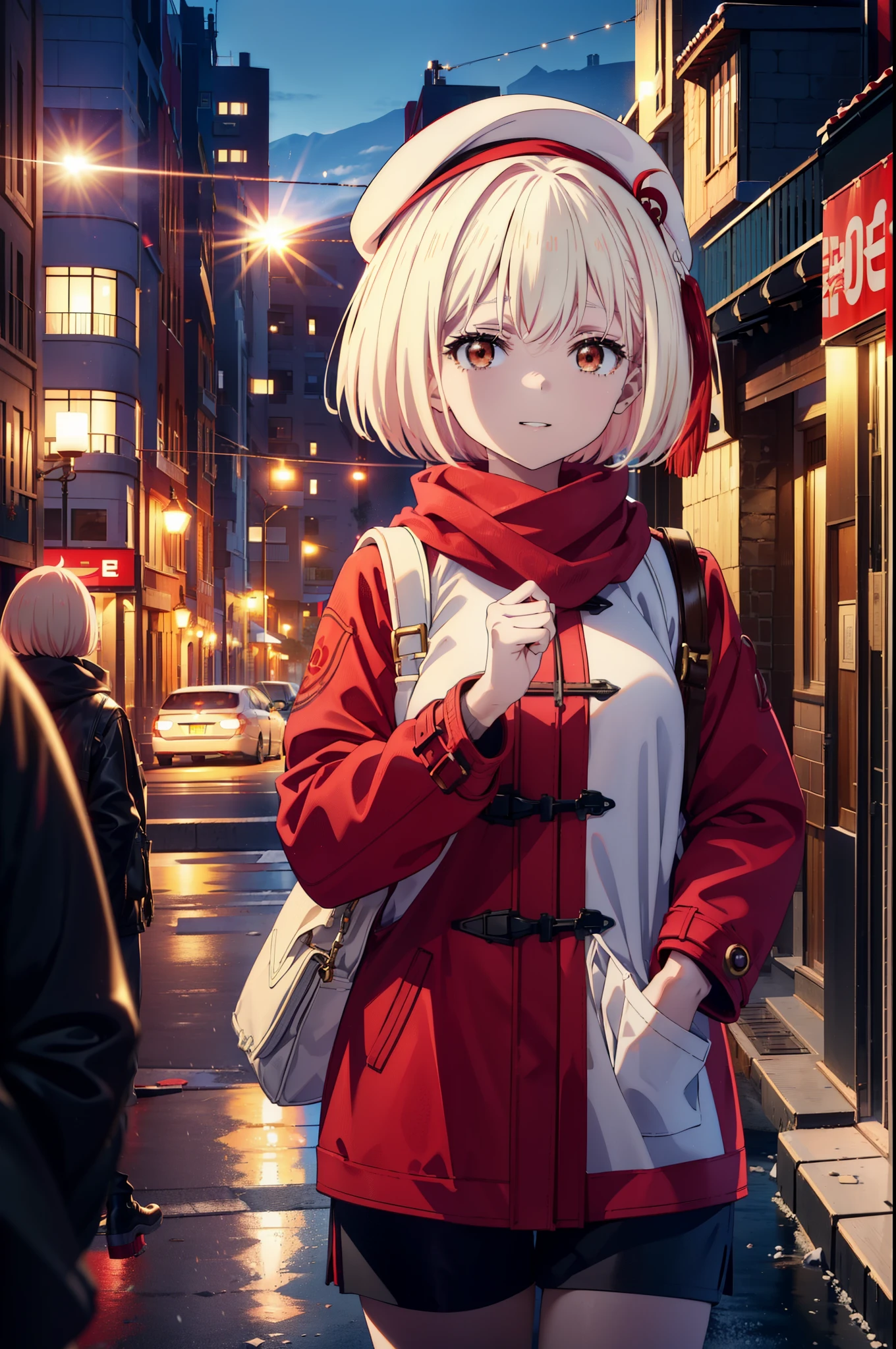 chisatonishikigi, nishikigi chisato,Short Hair , bangs, blonde,Bobcut (Red eyes:1.5),happy smile, smile, Open your mouth,Red oversized coat,White knit hat,White scarf,White Sweater,Shorts,White pantyhose,sneakers,Shirogane World,Snow is piling up,it&#39;s snowing,it&#39;s snowing,winter,Cold Sky,morning,morning陽,The sun is rising,
break looking at viewer, whole body, Upper Body,(Cowboy Shot:1. 5)
break outdoors, In town,Building district,
break (masterpiece:1.2), highest quality, High resolution, unity 8k wallpaper, (figure:0.8), (Beautiful fine details:1.6), Highly detailed face, Perfect lighting, Highly detailed CG, (Perfect hands, Perfect Anatomy),