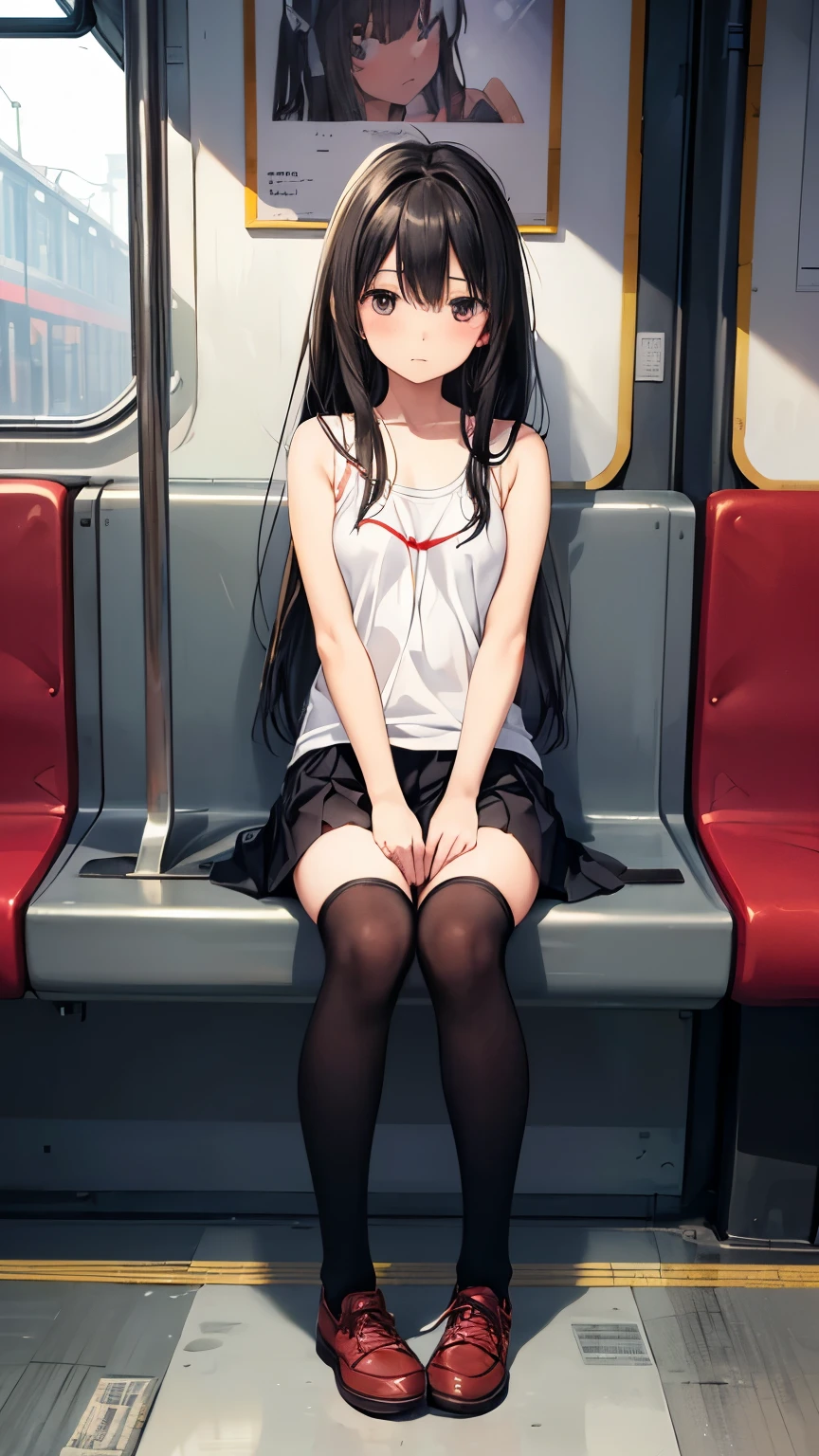 ((masterpiece, Highest_quality)), One girl, (Realistic:1.4),  alone, black_hair, length_hair,   zettai_ryouiki, Micro Mini Skirt, ((full_body)),White panties、Bend your knees and sit down、Embarrassed expression、Absolute area、Over the knee socks、on the train、Red Tank Top、12 years old