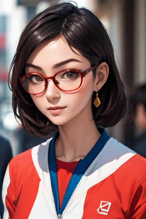 (masterpiece, highest quality), One girl,  Satou, Satou, Glasses, 赤いフレームのGlasses, Under-rim eyewear, Satou, Glasses, 赤いフレームのGlasses, Under-rim eyewear, Track jacket, Track pants