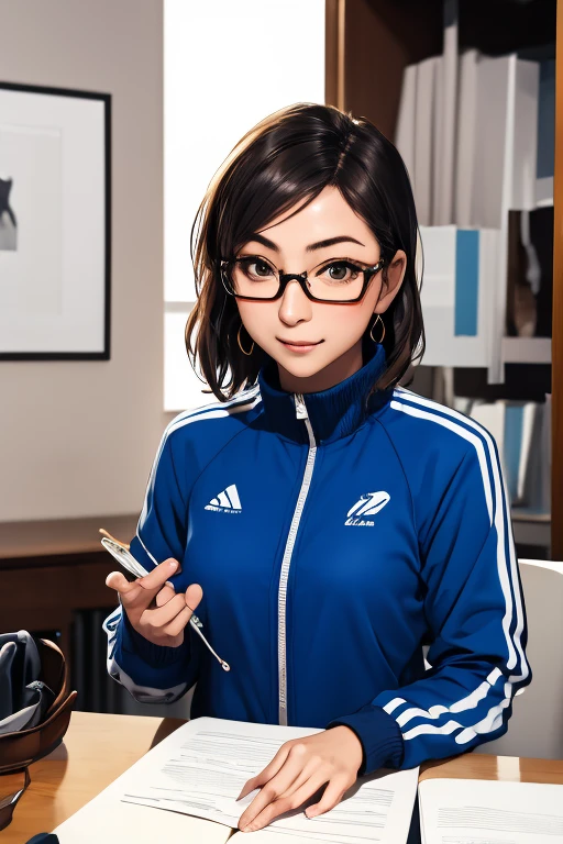 (masterpiece, highest quality), One girl,  Satou, Satou, Glasses, 赤いフレームのGlasses, Under-rim eyewear, Satou, Glasses, 赤いフレームのGlasses, Under-rim eyewear, Track jacket, Track pants