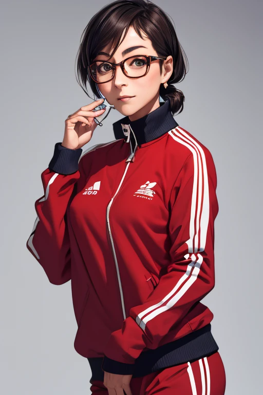 (masterpiece, highest quality), One girl,  Satou, Satou, Glasses, 赤いフレームのGlasses, Under-rim eyewear, Satou, Glasses, 赤いフレームのGlasses, Under-rim eyewear, Track jacket, Track pants