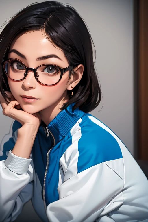 (masterpiece, highest quality), One girl,  Satou, Satou, Glasses, 赤いフレームのGlasses, Under-rim eyewear, Satou, Glasses, 赤いフレームのGlasses, Under-rim eyewear, Track jacket, Track pants