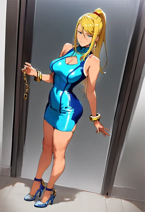 score_9,score_8_up,score_7_up,score_6_up, takeda hiromitsu style,1girl, sole_female, tanned, tanlines, pink bodycon dress, blue ...