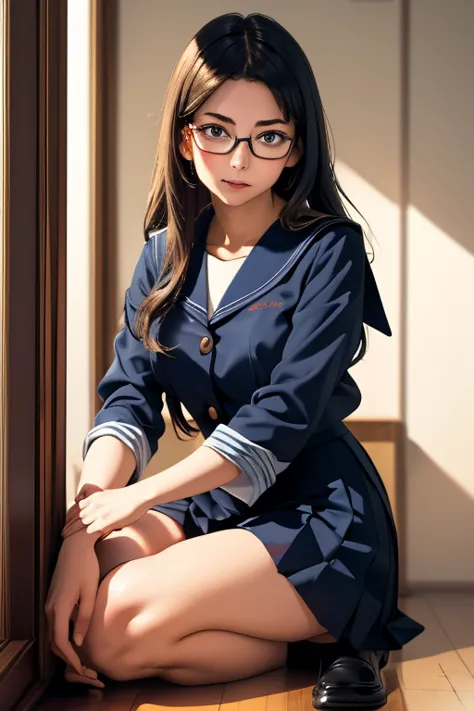 (masterpiece, highest quality), One Girl,  Satou, Satou, Glasses, 赤いフレームのGlasses, Navy blue sailor suit, Satou, Glasses, 赤いフレームの...