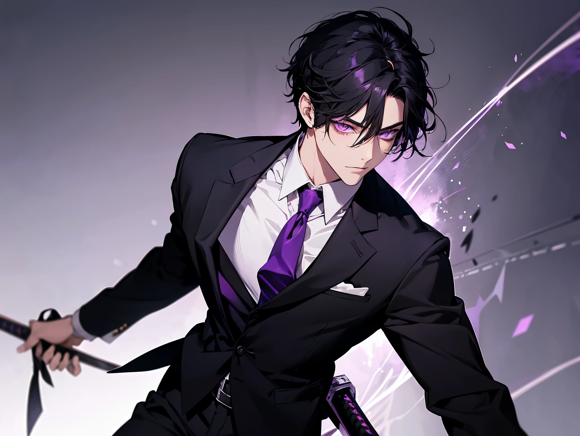 1 man, teacher, wearing white shirt, black suit, black long pants, black hair, short hair, purple eyes, red tie, face to detail, detailed eyes, the background is a purple glitch system, holding a purple katana