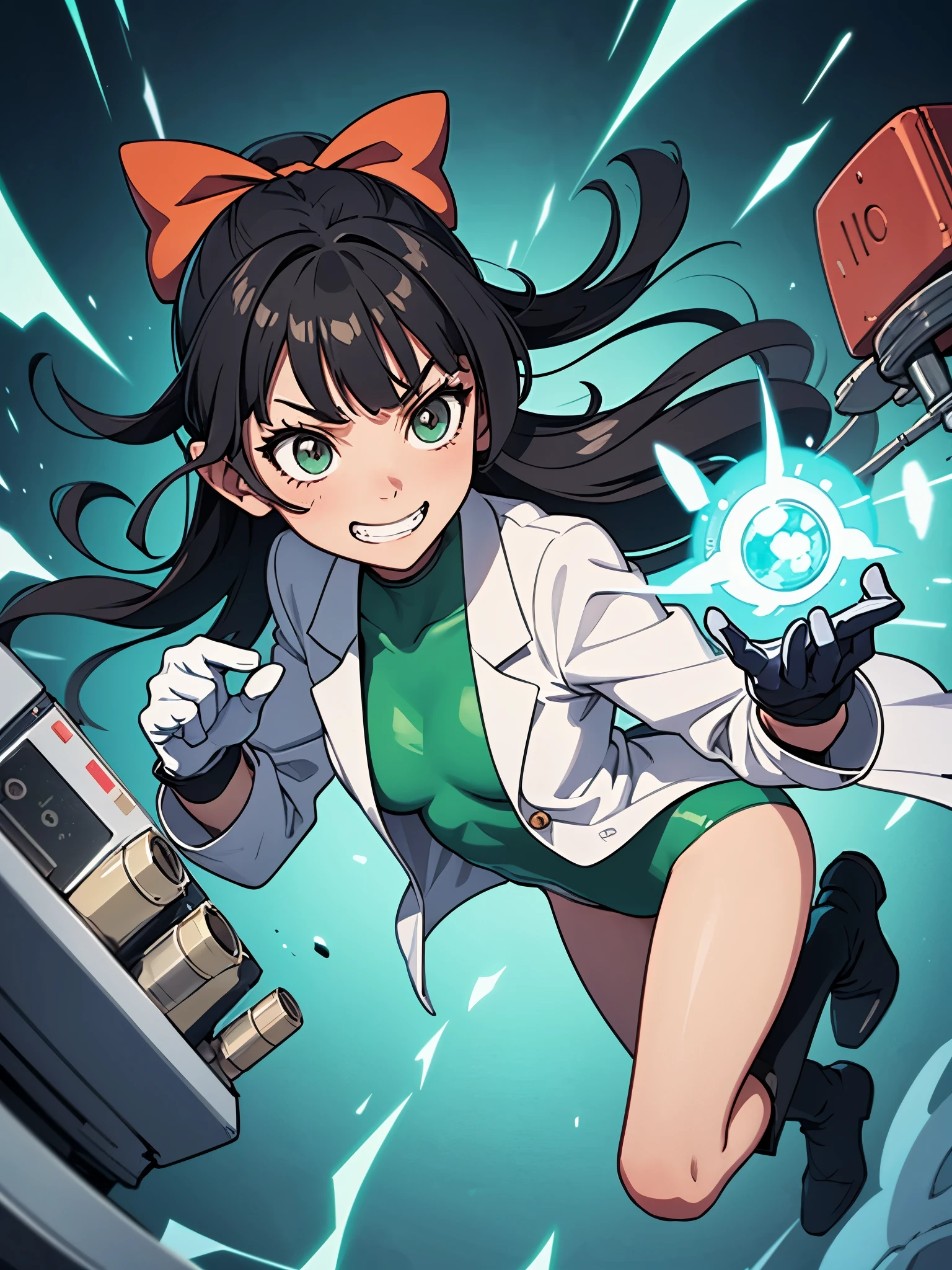 1girl, solo, scientist, mad scientist, red lab coat, green leotard, hair bow, bare legs, boots, gloves, black hair, long hair, hazel eyes, scheming pose, professional, laboratory backdrop, cowboy shot, bunker, evil grin, atom, powering up, full body costume design, glow, energy pulse