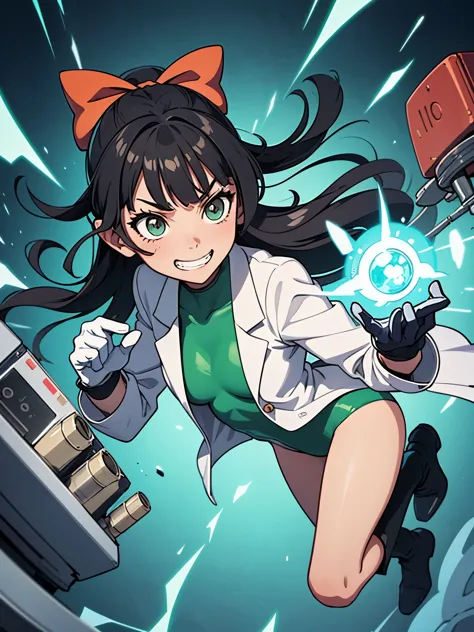 1girl, solo, scientist, mad scientist, red lab coat, green leotard, hair bow, bare legs, boots, gloves, black hair, long hair, h...