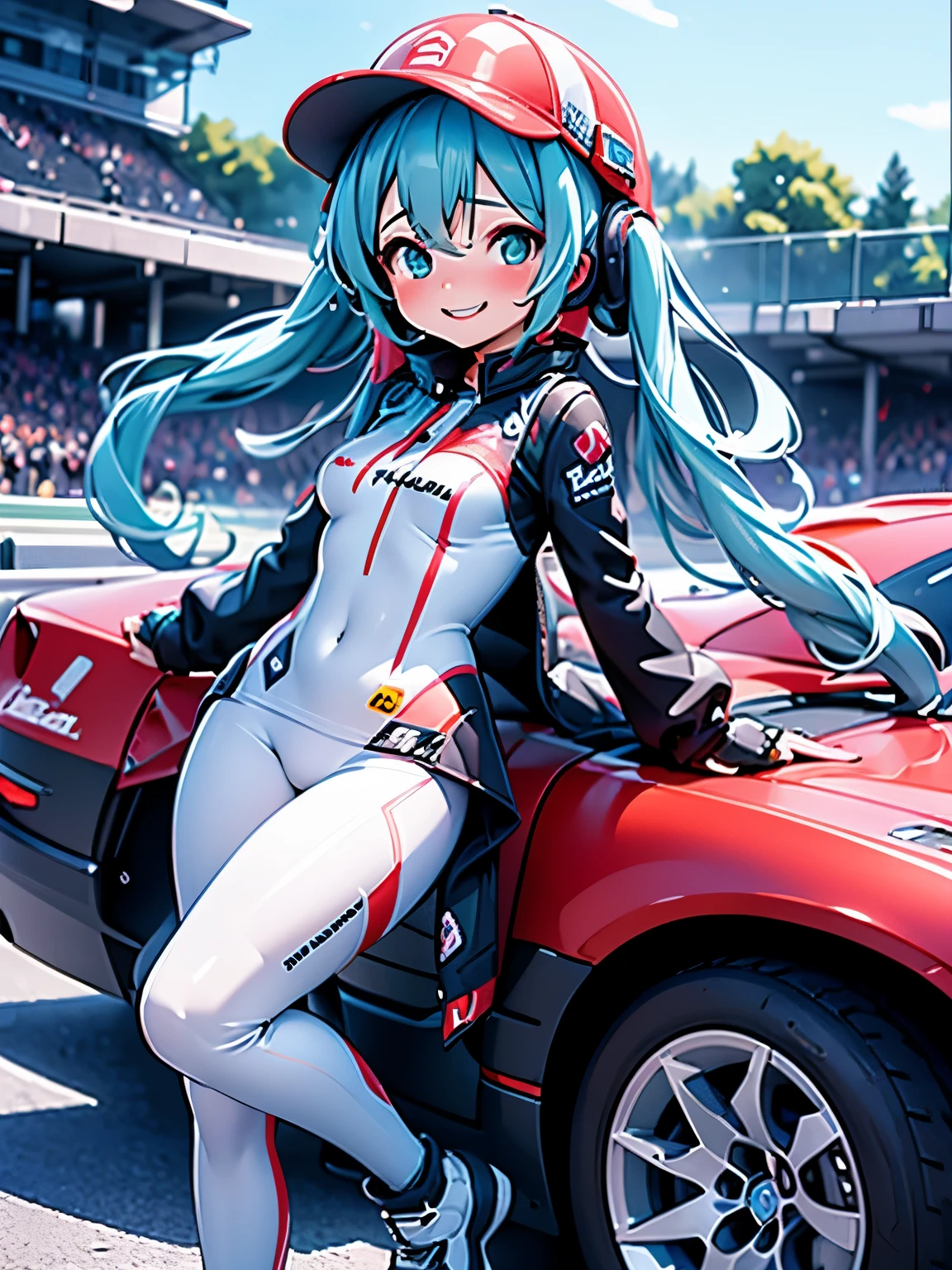 (masterpiece、highest quality、highest quality、Official Art、Beautiful and beautiful:1.2)、(One girl:1.3)Hatsune Miku、Twin tails,Big Breasts,highest quality,High resolution),Tess Durrett,pole position,Holding a racing helmet,Standing in a race car,smile,Anime Style,Bright colors,Dynamic Lighting,Glossy finish,Cheerful pose,Attention to detail,Sparkling eyes,long flowing hair,Wear a racing suit,Checkered flag pattern on car,Exciting atmosphere,Vivid expression