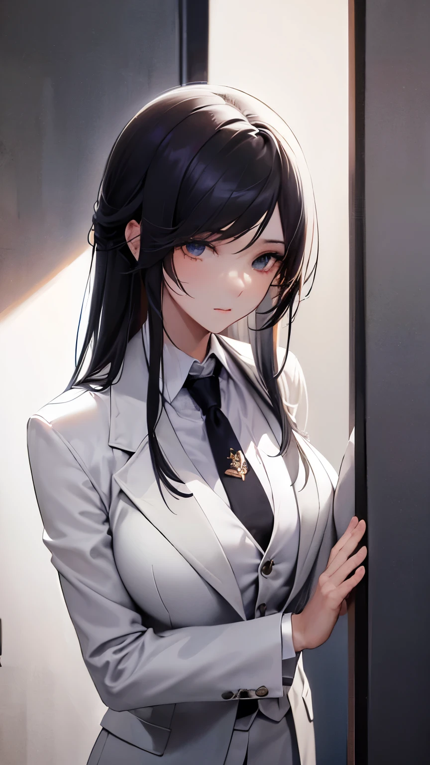 ((masterpiece)), (textured skin), ((high details)), best quality, award winning, 8k, ((beautiful woman)), beautiful lady in male clothing, gray suit, tie, white shirt, three-piece suit, British gentleman style, classic style, black hair, straight hair, swept bangs, long hair