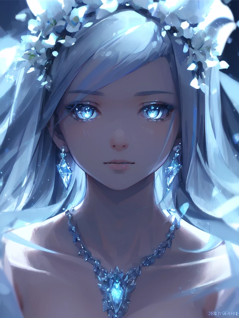 masterpiece, best quality, illustration, sax blue, platinum earrings, platinum necklace, white dress, 1girl, cute, (dynamic lighting:1.2), cinematic lighting, delicate facial features, detailed eyes, sharp pupils, realistic pupils, depth of field, bokeh, sharp focus, (hyper-detailed, bloom, glow:1.4), many small gems