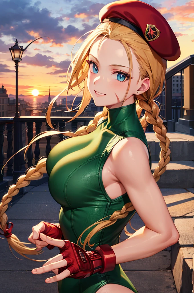 ((best quality)), ((highly detailed)), masterpiece, absurdres, (detailed eyes, deep eyes), (1girl), upper body, cammy white, twin braids, long hair, blonde hair, antenna hair, blue eyes, scar on cheek, large breasts, smiling, beret, (red headwear:1.3), green leotard, sleeveless, red gloves, fingerless gloves, camouflage, fighting stance, (outdoors, at a stairway, sunset)