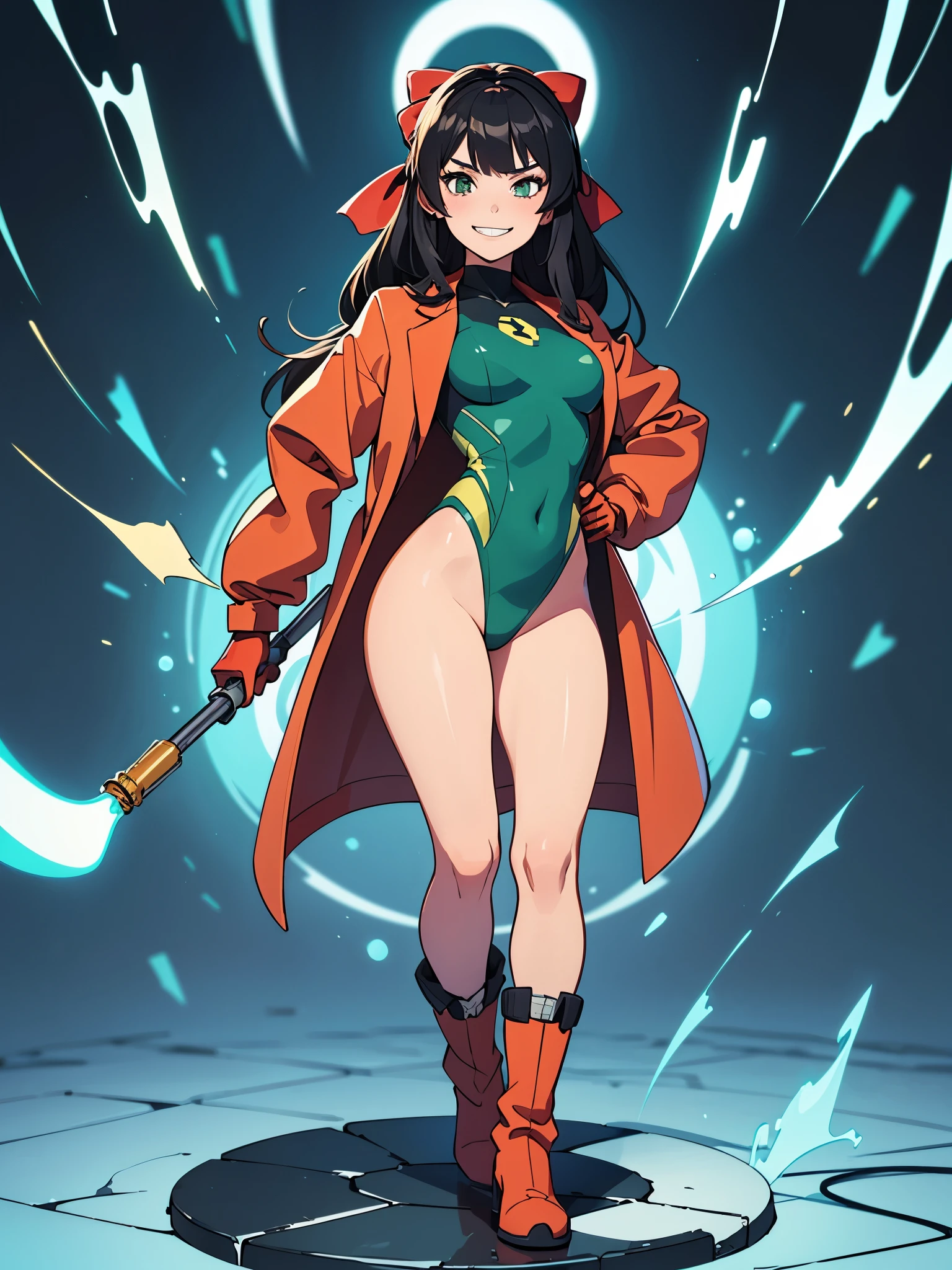 1girl, solo, tall body, scientist, mad scientist, red lab coat, green leotard, hair bow, bare legs, boots, gloves, black hair, long hair, hazel eyes, scheming pose, professional, laboratory backdrop, cowboy shot, bunker, evil grin, atom, powering up, full body costume design, glow, energy pulse, energy ball on hand