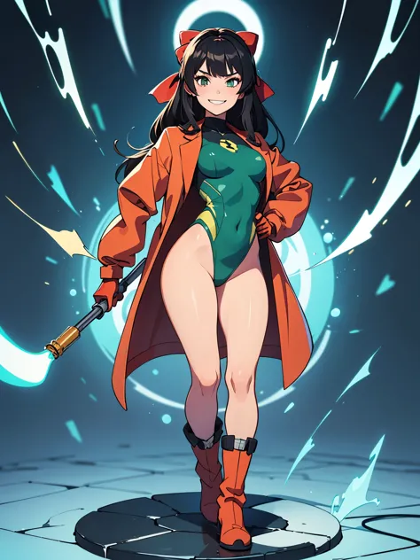 1girl, solo, tall body, scientist, mad scientist, red lab coat, green leotard, hair bow, bare legs, boots, gloves, black hair, l...