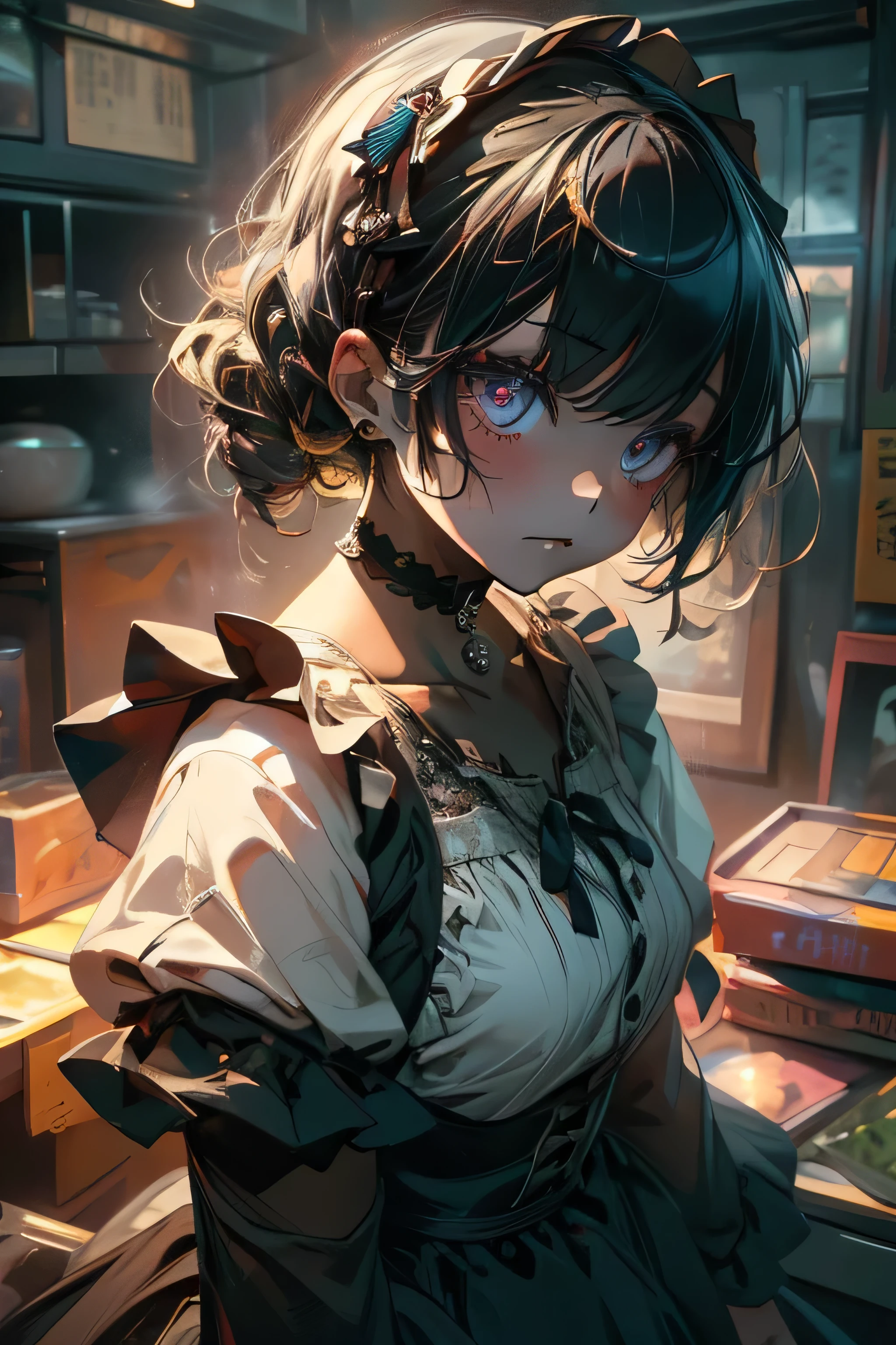 (masterpiece:1.2), (highest quality:1.2), Perfect Eyes, Perfect Face, Perfect lighting, One girl,bob, Complicated hairstyle, compensate, Black Lips, Thick eyelashes, sad, melancholy, Dressed as a goth girl, Black and white dress, Frills, ribbon, Puffy sleeves, Exposing shoulders, Lace choker, Beautiful Landscape,skirt lift,from above,Blonde Hair,Assault rifle