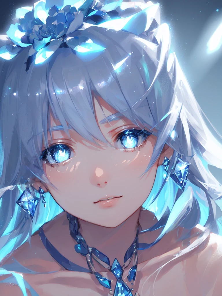 masterpiece, best quality, illustration, sax blue, platinum earrings, platinum necklace, white dress, 1girl, cute, (dynamic lighting:1.2), cinematic lighting, delicate facial features, detailed eyes, sharp pupils, realistic pupils, depth of field, bokeh, sharp focus, (hyper-detailed, bloom, glow:1.4), many small gems