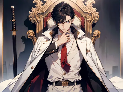 1 man, teacher, wearing white shirt, royal cape, white suit, white long pants, black hair, short hair, blue eyes, red tie, face ...