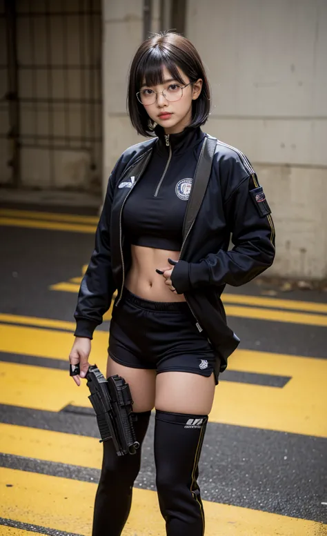 realistic, 1girl, black eye glasses, holding handgun, gun shooting pose, dark abandoned warehouse backgroud, black silky bob hai...