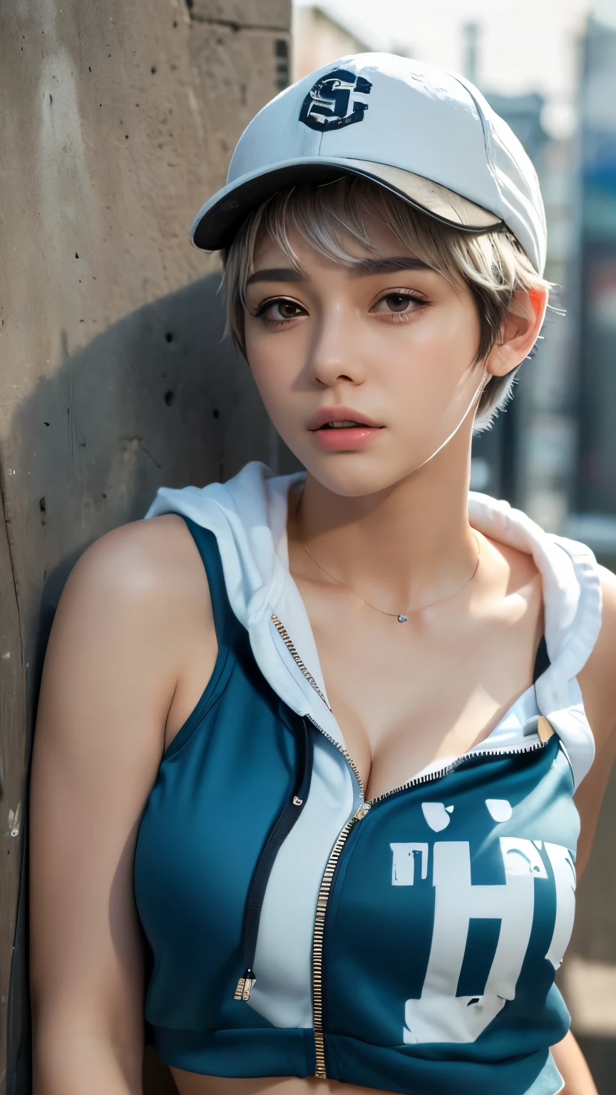 masterpiece, highest quality, Super detailed, 8k, Photorealistic, One girl, alone, Tomboy, Super detailed face, (head shot:1.5), Standing against a wall covered in hip-hop graffiti, White hair color with pixie cut, He is wearing a short tank top and an unzipped hoodie.,The chest is visible,Nice butt,Wearing a New Era cap