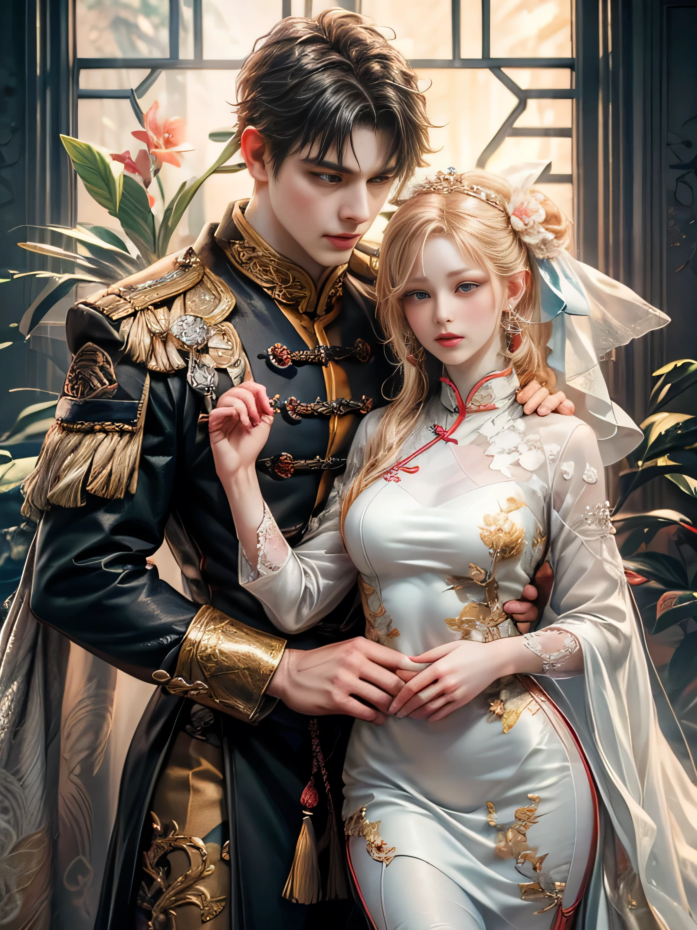 Imagen arafed de una pareja de hombre y mujer abrazándose en Peach Garden, en ropa de boda, Peach Garden detallado background, fantasía xianxia, jingna zhang, juego cg, wuxia, inspirado en Chen Yifei, xianxia, xianxia hero, 2.5 d cgi anime fantasía obra de arte, heise jinyao, fantasía china, hermosa representación de la dinastía tang, heise-lian yan fang, Detalles de los personajes de 8K, arte anime de alta calidad, ilustración de alta calidad, detallado anime wallpapers, detallado anime art, Híper realista, elegant, arte de anime realista de alta calidad, (Decoración intrincada y hermosa. [Detalle denso]), ((Ojos dibujados con precisión))[Perfect eyes detallado((Ojos hermosos como joyas.)Iris dibujado con gran detalle)[alumnos claramente dibujados]],[ojos claros[Iluminación precisa para los ojos]],[pestañas largas y hermosas],[pelo dibujado con precisión [Beautiful and lustrous hair detallado]], (Perfectly hand detallado [Hermosos dedos sin daño. [bonitas uñas]]),(anatomía perfecta(proporciones perfectamente equilibradas))[[retrato de cuerpo completo]],[coordinación de colores ideal(Simulación precisa de interacciones entre luz y materiales.)],([Detalle de precisión](detallado,高Bien)),[Arte visual que cuenta una historia.],((de la máxima calidad)Bien[[Dibujo de alta densidad]])(calidad 4K)