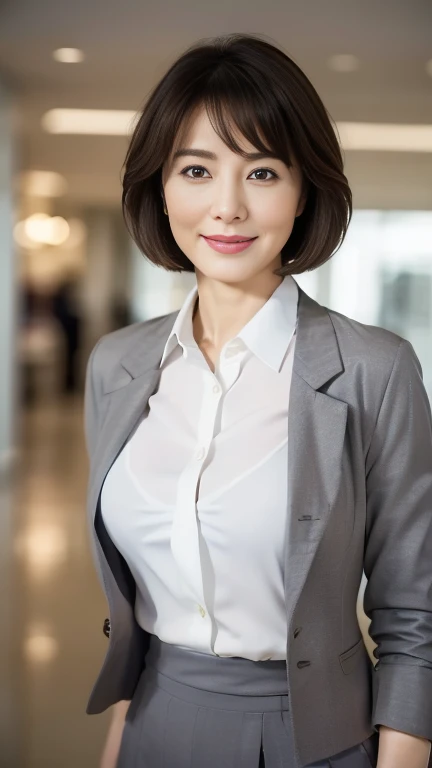 (highest quality,8k,masterpiece),
Japanese mature woman,40 years,Mature Woman,Pure white skin, ((Full body photography:0.85))、
Full breasts:1.1、　((White collared blouse))、((Grey tailored jacket))、Grey tight skirt、Brown short bob、
,A gentle smile、A gaze that seduces viewers、Shopping Centre、