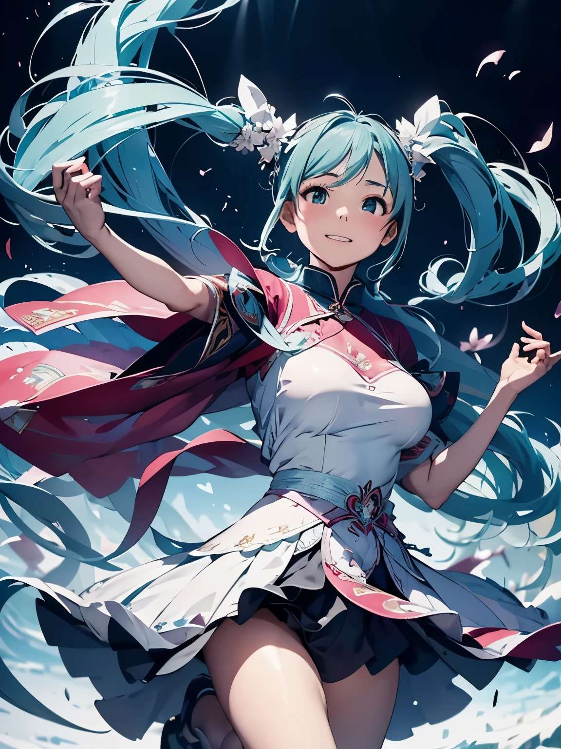 (masterpiece、highest quality、highest quality、Official Art、Beautiful and beautiful:1.2)、(One girl:1.3)Hatsune Miku、Twin tails,Big Breasts,highest quality, Super quality, 16k, Beautiful slender beauty, Excited expression, White rhythmic gymnastics uniform (Gold embroidery:0.3), Graceful dance, Wind, Wind-effects, Simple background, Fantastic and mysterious, Professional Lighting