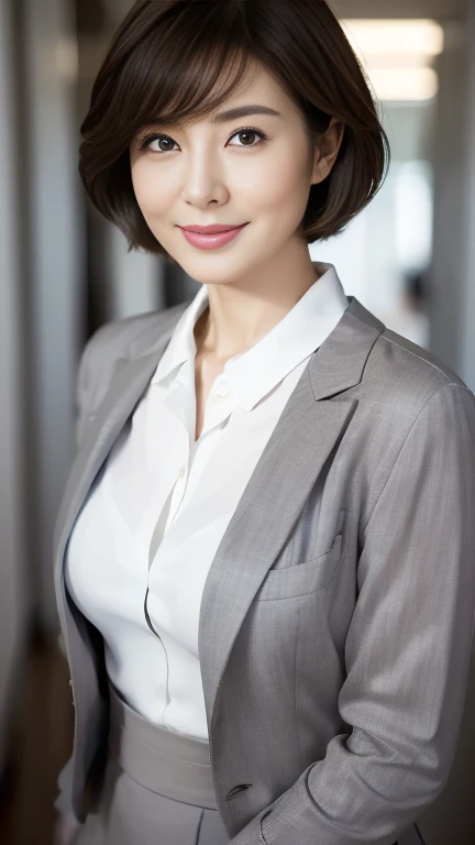 (highest quality,8k,masterpiece),
Japanese mature woman,40 years,Mature Woman,Pure white skin, ((Full body photography:0.85))、
Full breasts:1.3、　((White collared blouse))、((Grey tailored jacket))、Grey tight skirt、Brown short bob、
,A gentle smile、A gaze that seduces viewers、Shopping Centre、