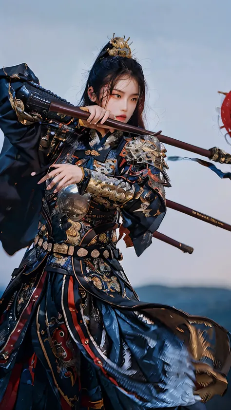 a 23 year old chinese girl,Chinese_armor,cowboy shot,dynamic angle,the most beautiful form of chaos,elegant,a brutalist designed...