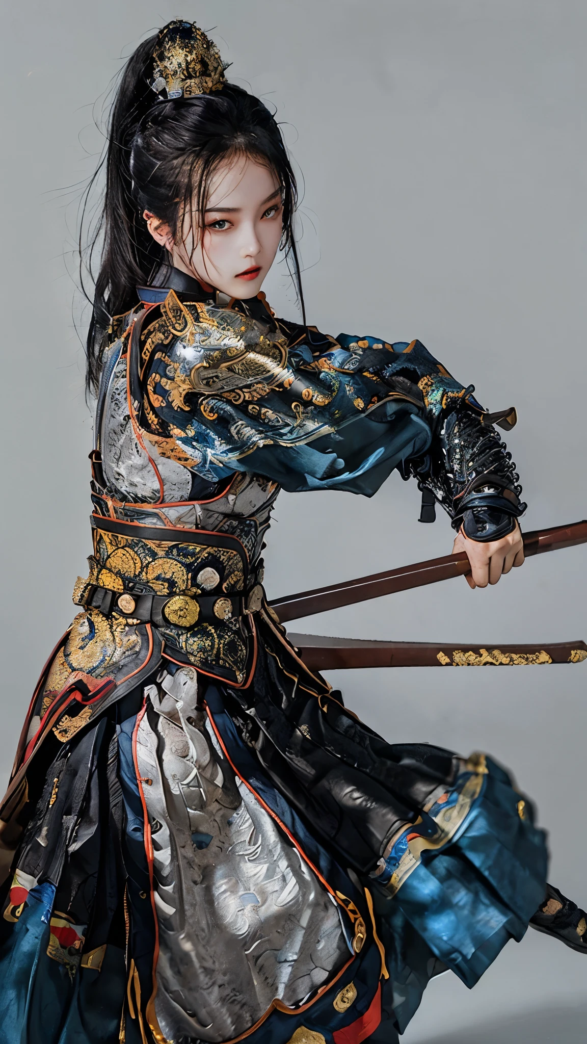 a 23 year old chinese girl,Chinese_armor,cowboy shot,dynamic angle,the most beautiful form of chaos,elegant,a brutalist designed,vivid colours, best quality, masterpiece, highres, absurdres, incredibly absurdres, huge filesize, wallpaper, colorful,8K,RAW photo