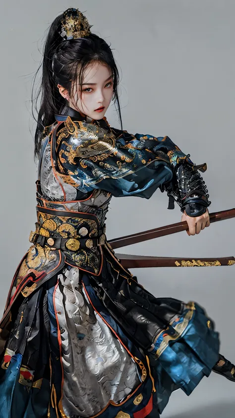 a 23 year old chinese girl,Chinese_armor,cowboy shot,dynamic angle,the most beautiful form of chaos,elegant,a brutalist designed...