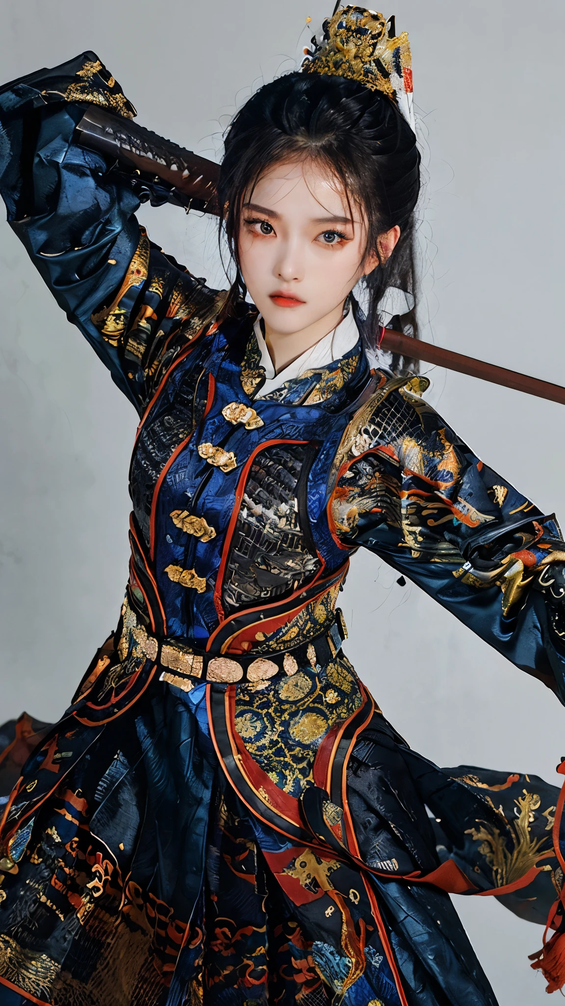 a 23 year old chinese girl,Chinese_armor,cowboy shot,dynamic angle,the most beautiful form of chaos,elegant,a brutalist designed,vivid colours, best quality, masterpiece, highres, absurdres, incredibly absurdres, huge filesize, wallpaper, colorful,8K,RAW photo