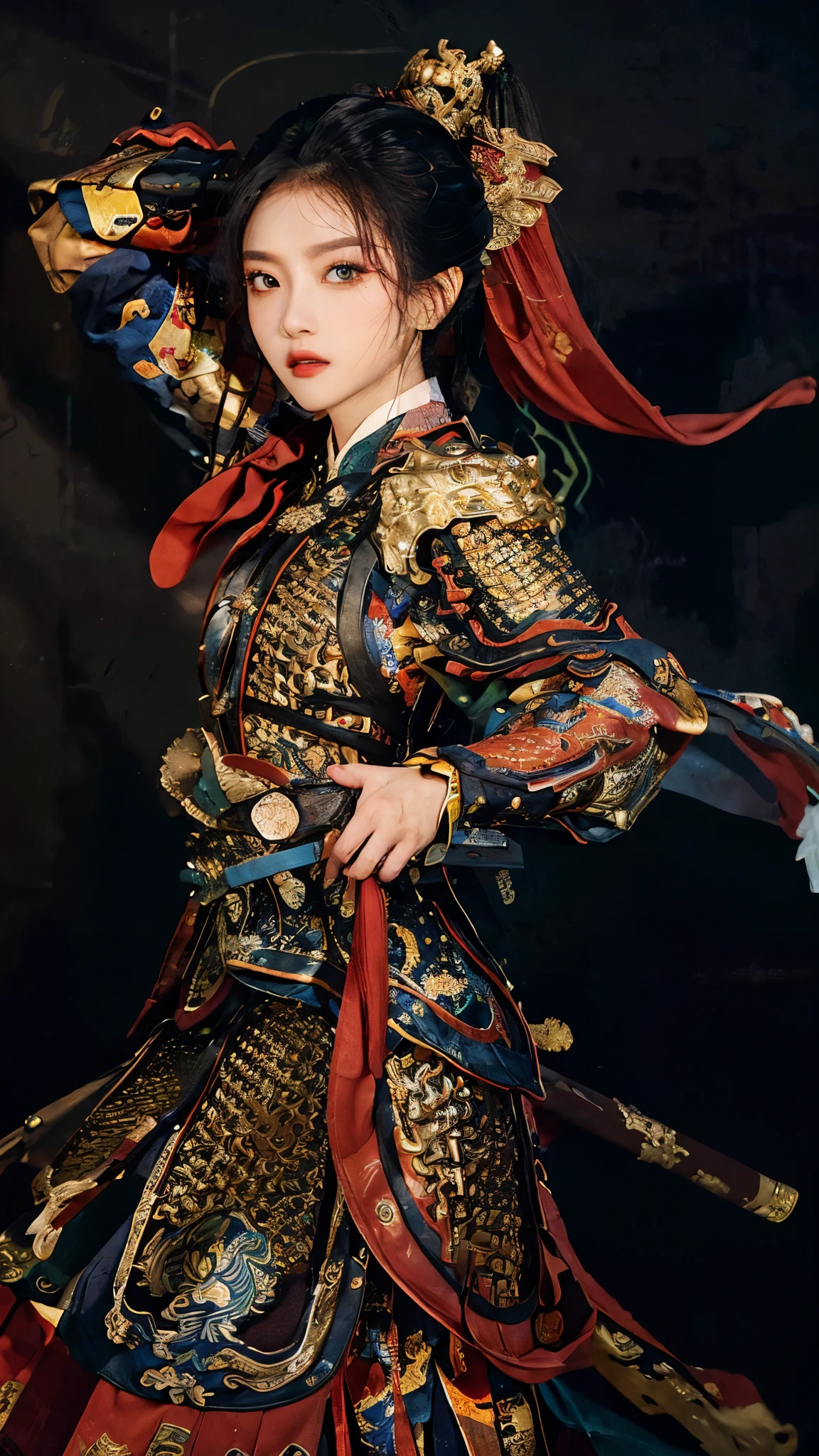 a 2 chinese girl,Chinese_armor,cowboy shot,dynamic angle,the most beautiful form of chaos,elegant,a brutalist designed,vivid colours, best quality, masterpiece, highres, absurdres, incredibly absurdres, huge filesize, wallpaper, colorful,8K,RAW photo