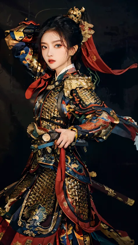 a 23 year old chinese girl,Chinese_armor,cowboy shot,dynamic angle,the most beautiful form of chaos,elegant,a brutalist designed...