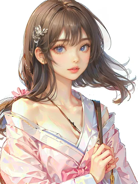 (((1 girl)))，masterpiece，highest quality，realistic，Upper body，long hair，gray hair，skin texture、beautiful japanese kimono、(band、p...