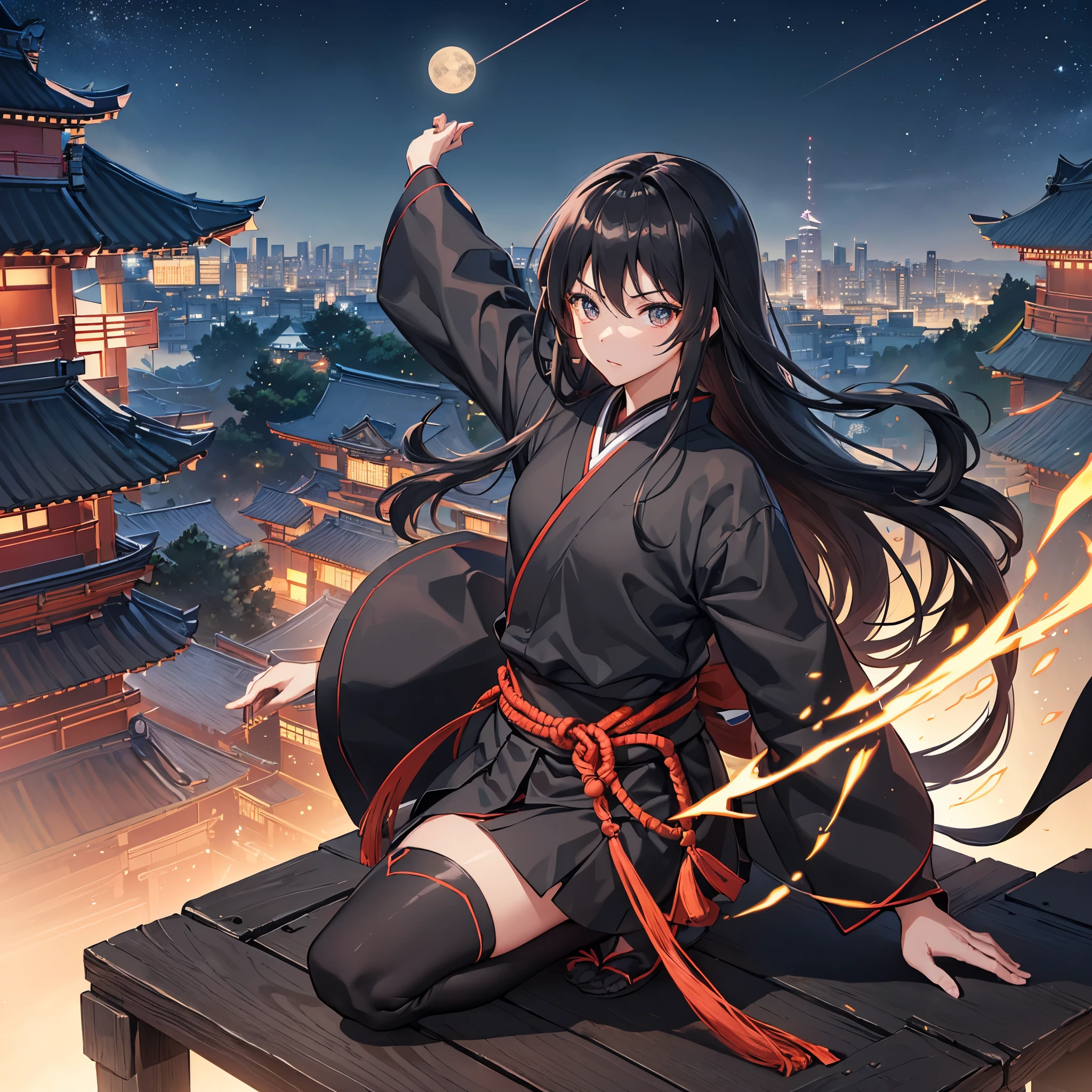 ((blackい髪　Long Hair　Ninja　black　Kunoichi))　((night　Overlooking the city　Japanese style　old))　(Dance　short sword　Shuriken)　moon　star　Jump　Aerial