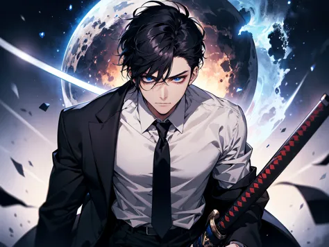 1 man, teacher, wearing white shirt, black suit, black long pants, black hair, short hair, blue eyes, red tie, face to detail, d...