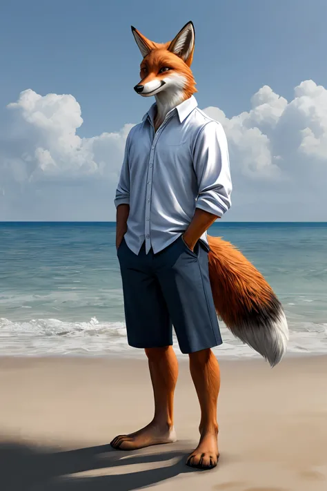 realistic , handsome fox casual clothing, beach ,standing